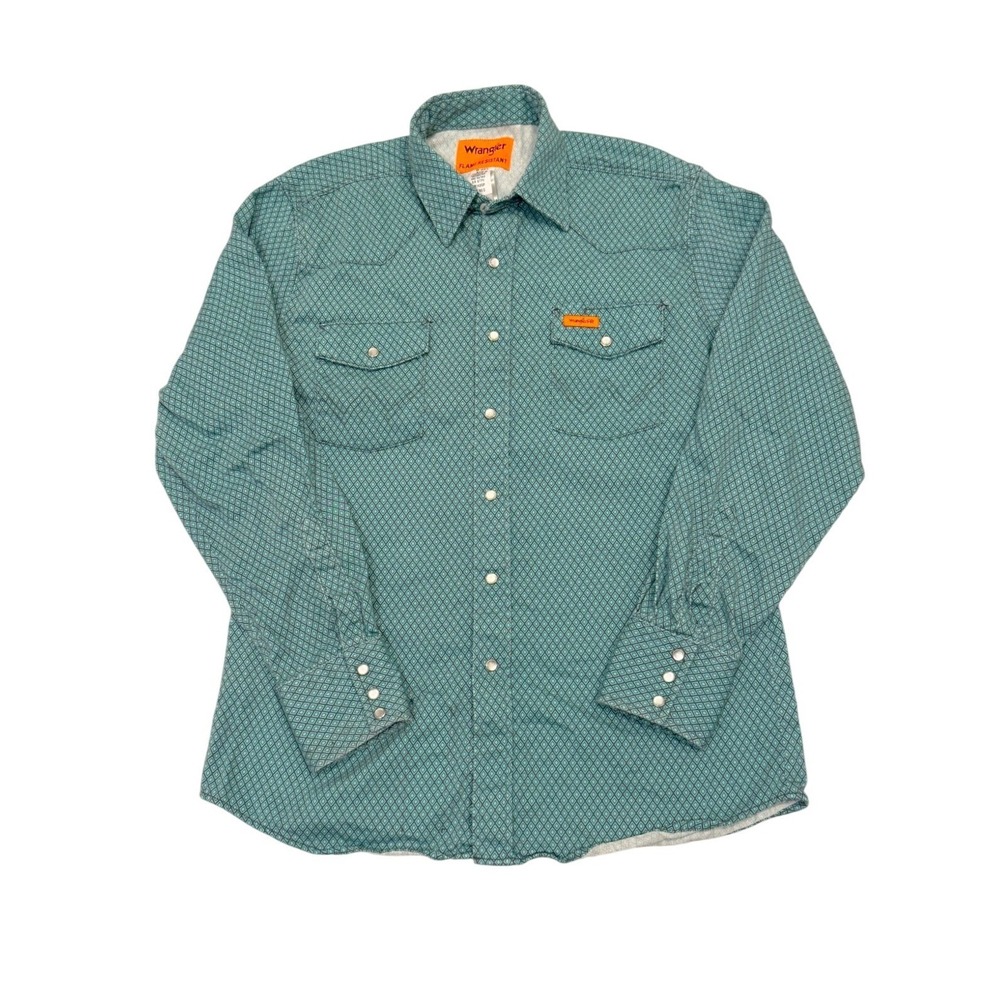 Wrangler Mens L Green Geometric Riggs Flame Resistant Western Snap Work Shirt